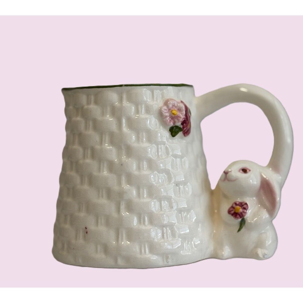 Vintage Avon Bunny Luv Creamer 1980s White Basket Weave Peeking Rabbit Pitcher